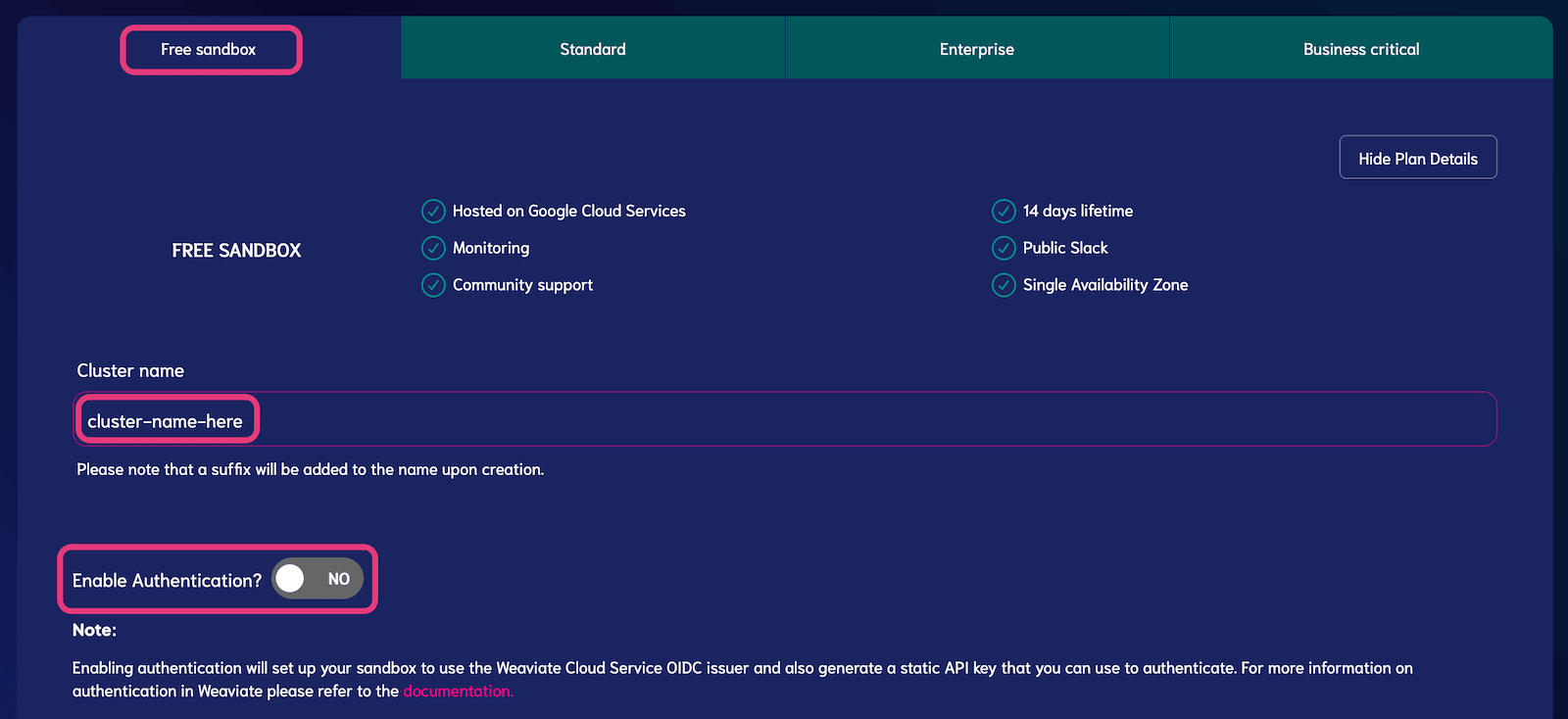 Weaviate云服务创建集群页面